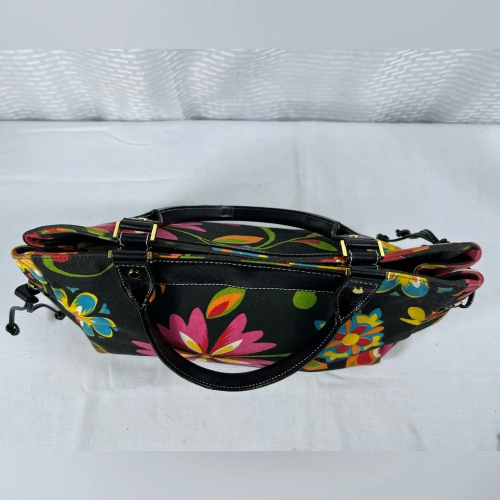 kate spade Black Floral Canvas Satchel with Pink, Yellow & Blue Flowers